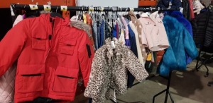 50 X BRAND NEW MIXED KIDS JACKETS / ONE PIECE BODY SUITS CLOTHING LOT TO INCLUDE M&S BABY BLUE FLAMINGO JACKET ( 6-7 YEARS) - M&S BRONZE FLORAL JACKET ( 5-6 YEARS) - BAMBINI DENIM PINIFORE ( 18-24 MONTHS) - VARIOUS DISNEY LONG SLEEVED TSHIRTS (VARIOUS SI