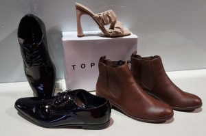 19 PIECE BRAND NEW MIXED SHOE LOT TO INCLUDE TOPSHOP BELIZE BURGUNDY BOOTS, TOPMAN BRIAR DERBY PATENT SHOES AND DOROTHY PERKINS BROWN HANGING ANKLE BOOTS - ALL IN VARIOUS SIZES