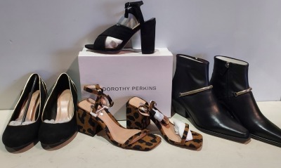 16 PIECE BRAND NEW MIXED SHOE LOT TO INCLUDE TOPSHOP BLACK SPRING HEELED SANDALS, TOPSHOP BLACK NORA HEELS AND LEOPARD PRINT NORA HEELS, TOPSHOP BLACK HANGING ANKLE BOOTS AND EVANS SHLV BLACK HEELED SHOES - ALL IN VARIOUS SIZES