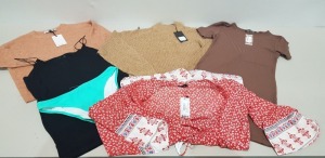 25 X BRAND NEW MIXED CLOTHING LOT TO INCLUDE BOOHOO MINI DRESS - BRAVE SOUL KNITTED JUMERS - BOOHOO PLAYSUITS - ASOS DRESSES ETC - ALL IN VARIOUS SIZES