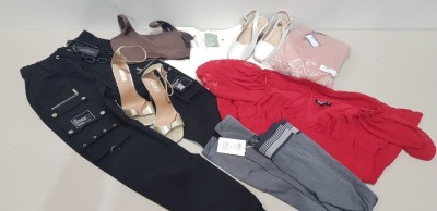 25 X BRAND NEW MIXED CLOTHING LOT TO INCLUDE BOOHOO MIDI DRESS - BOOHOO SKATER DRESS - TOPSHOP HIGH HEELS - NEW LOOK SPORTS BRA - FRENCH CONNECTION VESTS - ASOS HEELED SHOES ETC - ALL IN VARIOUS SIZES