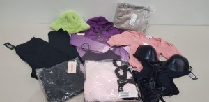 25 X BRAND NEW MIXED CLOTHING LOT TO INCLUDE LOVE HONEY BODY SUIT - BOOHOO TROUSERS - H&M PANTS - JAYLEY FAUX FUR HAT - TOPSHOP T-SHIRTS - TOPSHOP TOPS - BRAVE SOUL FLEECES AND MISSGUIDED FAUX LEATHER SKIRTS ETC - ALL IN VARIOUS SIZES