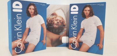 18 X BRAND NEW CALVIN KLEIN ID - PACK OF 2 WHITE CREW NECK SLIM FIT T-SHIRTS (COTTON) - ALL SIZE SMALL - RRP £28.00pp / £504 TOTAL ** 1 BOX **