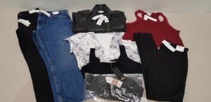 30 X BRAND NEW MIXED CLOTHING LOT CONTAINING COTTON-ON WOVEN HARPER TIE BACK MIDI DRESS IN BLACK ( SIZE L ) - TOPSHOP SUPER HIGH WAISTED SKINNY TALL JEANS ( W28-L36 ) - THREADBARE FLUFFY KNIT CROP TOP IN BLACK ( SIZE UK 8 ) - ASOS PLUNGE TIE FRONT T-SHIRT