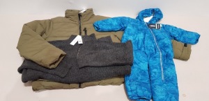 9 X BRAND NEW MIXED CLOTHING LOT CONTAINING 7 X TOPSHOP GREY KNITTED 1/4 ZIP TURTLE NECK JUMPER ( IN SIZES TO INCLUDE XS/M/L) - 1 X TRUE SUPPLY EASY KHAKI PUFFER JACKET IN ( SIZE XL ) AND 1 X DARE2B KIDS ONE PIECE BODY SUIT IN BLUE ANNIVERSARY EDITION IN