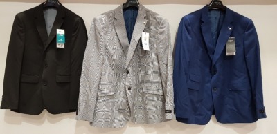 34 X BRAND NEW MENS SUIT BLAZERS TO INCLUDE BURTONS MENSWEAR NACY SKINNY SUIT BLAZERS ( IN SIZE 50 R ) - BURTONS MENSWEAR SLIM WITH STRETCH BLACK SUIT BLAZERS ( SIZE 36S) AND BURTON MENSWEAR CHECKERED GREY SLIM SUIT BLAZERS ( IN SIZE 50 R ) ( ON 1 RAIL )