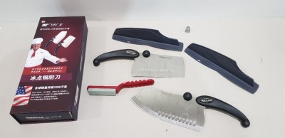 24 X BRAND NEW MIRACLE BLADE 3 PIECE PERFECTION SERIES KNIFE SET TO INCLUDE 2 X LARGE KNIFES AND KNIFE SHARPENER IN 1 BOX