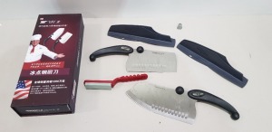 24 X BRAND NEW MIRACLE BLADE 3 PIECE PERFECTION SERIES KNIFE SET TO INCLUDE 2 X LARGE KNIFES AND KNIFE SHARPENER IN 1 BOX