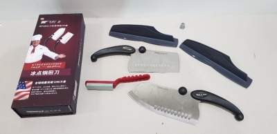 24 X BRAND NEW MIRACLE BLADE 3 PIECE PERFECTION SERIES KNIFE SET TO INCLUDE 2 X LARGE KNIFES AND KNIFE SHARPENER IN 1 BOX