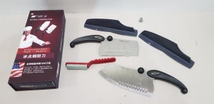 24 X BRAND NEW MIRACLE BLADE 3 PIECE PERFECTION SERIES KNIFE SET TO INCLUDE 2 X LARGE KNIFES AND KNIFE SHARPENER IN 1 BOX