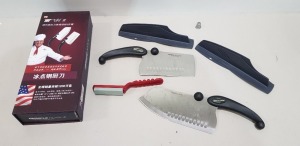 24 X BRAND NEW MIRACLE BLADE 3 PIECE PERFECTION SERIES KNIFE SET TO INCLUDE 2 X LARGE KNIFES AND KNIFE SHARPENER IN 1 BOX