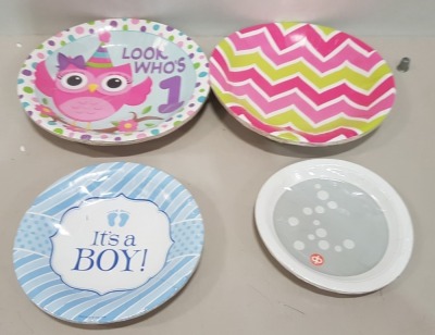 480 X MIXED PAPER/CARDBOARD PLATE LOT CONTAINING - LOOKS WHOS ONE - ITS A BOY - ZIG ZAG - WHITE PLATE IN 4 BOXES