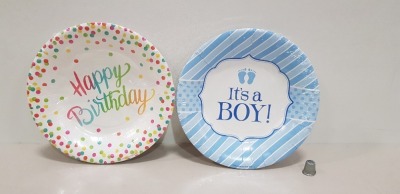 600 X BRAND NEW MIXED PAPER/CARDBOARD PLATES LOT CONTAINING IT’S A BOY AND HAPPY BIRTHDAY IN 5 BOXES