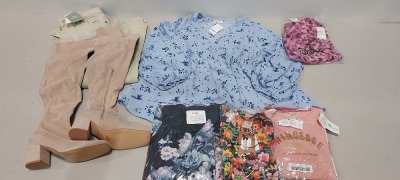 25 X BRAND NEW MIXED CLOTHING LOT TO INCLUDE NEXT DARK NAVY SHORTS ( SIZE XS ) - SIMPLY BE BLUE FLORAL PRINT MINI DRESS ( SIZE UK 18 ) - BOOHOO MAN STRAIGHT LEG WILL CARGO TROUSERS IN KHAKI ( SIZE L ) -BOOHOO MAN HEAVYWEIGHT HOODIE IN CREAM ( SIZE XL ) -