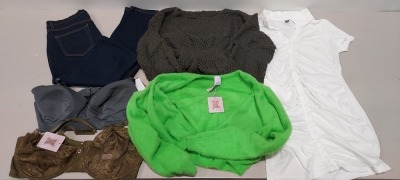 25 X BRAND NEW MIXED CLOTHING LOT TO INCLUDE BONMARCHE TUMMY CONTROL SWIMWEAR IN BLUE ( SIZE UK 14 ) - SAVAGE FENTY GREEN FLUFFY CROP THROW OVER ( SIZE UK 20-22 ) - MISSGUIDED WIDE LEG TROUSER IN BLACK ( SIZE UK 8 ) -SHEIN BUTTONED DRESS (SIZE L ) -H&M PA