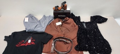 25 X BRAND NEW MIXED CLOTHING LOT TO INCLUDE MISSGUIDED CHARCOAL OVERSIZED JOGGERS ( SIZE UK 6 ) - NEW LOOK FLORAL PRINT SHOULDER STRAP DRESS ( SIZE UK 8 ) - HUSH PUPPIES HEELED SHOES ( SIZE EU 40 ) - MNG WIDE SKIRT IN BLACK ( SIZE UK S ) - BRAVE SOUL YEL