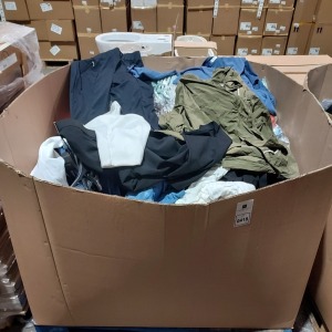 1 FULL PALLET BOX OF MIXED CLOTHING TO INCLUDE JEANS / T-SHIRTS / DRESSES / JACKETS / TROUSERS - ETC ALL IN VARIOUS STYLES AND SIZES