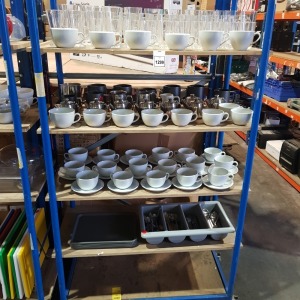 4 SHELVES MIXED LOT CONTAINING VARIOUS LARGE AMOUNT OF GLASSES - COFFEE MUGS - COFFEE MUGS WITH SAUCERS - STAINLESS STEEL JUGS - LARGE AMOUNT OF SPOONS-FORKS AND KNIFES AND FOOD TRAYS ETC