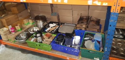 FULL BAY MIXED LOT TO INCLUDE BRAND NEW BIODOR BAMBOO PLATES - BRAND NEW BAMBOO SIPPY MUGS - NINJA BLENDER - WOODEN TRRAYS - STAINLESS STEEL TRAYS - LARGE STAINLESS STEEL PANS ETC