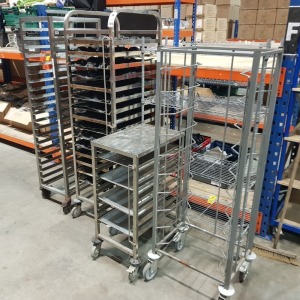 5 X STAINLESS STEEL BAKERY TROLLEYS ON WHEELS