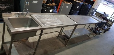 2 AND A HALF X PIECE MIXED STAINLESS STEEL PREP TABLES LOT TO INCLUDE - 1X STAINLESS STEEL WITH TAP AND SINK SIZE - 193CM X 60CM X 90CM - 1X STAINLESS STEEL PREP TABLE - 180CM X 60CM 90CM -