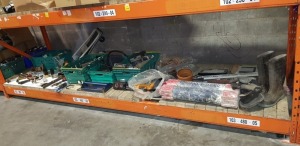 FULL BAY CONTAINING - ANTIQUE MANUAL DRILLS - SAW - BIKER GLOVES - CLUTH0 FLUID - SPEAKSERS- HEDGE TRIMMER - WELLIES - ETC