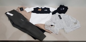 25 X BRAND NEW MIXED CLOTHING LOT TO INCLUDE MENNACE HENNESSAY RIBBED KNITTED SWEATER ( SIZE UK M ) - COLLUSION X BLACK KNITTED TURTLE NECK JUMPER ( SIZE M ) - PRETTYLITTLETHING ULTIMATENT SWEAT JOGGERS ( SIZE UK 6 ) -ZARA NEW YORK PRINT CROP TOP IN GREE