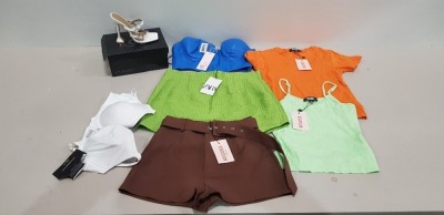 25 X BRAND NEW MIXED CLOTHING LOT TO INCLUDE BERSHKA BLACK SWEATER ( SIZE S ) - MISSGUIDED CHOCOLATE BELTED SHORTS ( SIZE UK 6 ) - MISSGUIDED GREEN RIBBED VEST ( SIZE UK 6 ) - MISSGUIDED ORANGE SHORT SLEEVE TEE ( SIZE UK 6 ) - EGO WHITE HEELED SHOES ( SI