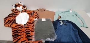 25 X BRAND NEW MIXED CLOTHING LOT TO INCLUDE DOROTHY PERKINS SKINNY ANKLE GRAZERS - VARIOUS THERAPY LONDON PYJAMA SETS - RIVER ISLAND TURTLE NECK PULL OVER - VARIOUS DUNNES PYJAMA SETS AND A TIGER ONESIE ETC - ALL IN VARIOUS SIZES