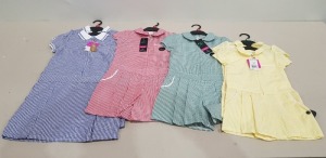 100 X BRAND NEW F & F PINAFORE PLAYSUITS IN VARIOUS COLOURS TO INCLUDE RED / GREEN / BLUE / PURPLE - IN SIZES 6-7 YRS / 4-5 YRS / 5-6 YRS