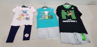 40 X BRAND NEW MIXED CLOTHING LOT CONTAINING GEORGE MINECRAFT 2 PIECE PYJAMA SETS IN 2 PRINT STYLES / GEORGE PETER RABBIT 2 PIECE PYJAMA SET ( IN VARIOUS SIZES TO INCLUDE 5-6 YRS / 7-8 YRS / 11-12 YRS ETC )