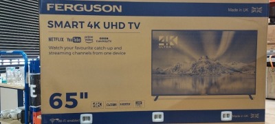 1 X BOXED FERGUSON 65 SMART 4K UHD TV ( MODEL F6522RTX4K) - GRADE A-