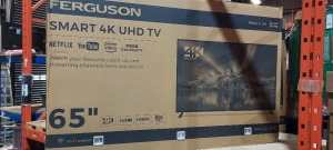 1 X BOXED FERGUSON 65 SMART 4K UHD TV ( MODEL F6522RTX4K) -PLEASE NOTE BOX IS SLIGHTLY DAMAGED ON HANDLE - GRADE A-