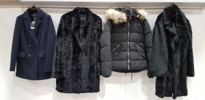 5 PIECE MIXED LOT TO INCLUDE 3 X TOPSHOP BLACK FAUX FUR JACKETS (SIZE UK 16 - RRP £65.99) - TOPSHOP BLACK FAUX FUR 3/4 LENGTH JACKET (SIZE UK 16 - RRP £85.00) - DOROTHY PERKINS NAVY COAT (SIZE UK 12) AND DOROTHY PERKINS BLACK FAUX FUR COAT (SIZE UK 18)