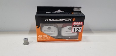 35 X BRAND NEW BOXED MUDDYFOX LED 100 LIGHT SET ( FRONT AND REAR ) IN SILVER