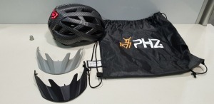 20 X BRAND NEW INDIVIUALLY BAGGED PHZ ( W-019) CARBON FIBRE PRINT GREY BICYCLE HELMETS INCLUDE FRONT SCOOP AND REAR LED LIGHTS( CPSC) I MIXED SIZES ( SIZE M / SIZE L )