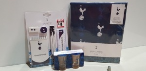 144 X BRAND NEW OFFICIAL TOTTENHAM HOTSPUR STATIONARY SET 12 X BRAND NEW PACK OF 2 OFFICIAL TOTTENHAM HOTSPUR SHOT GLASSES 12 X BRAND NEW OFFICIAL TOTTENHAM HOTSPUR CREST REPEAT CURTAINS ( WIDTH 168 CM - 66 ) ( DROP 137CM - 54 )