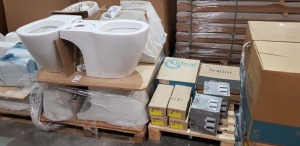 23 X BRAND NEW MIXED PIECE LOT CONTAINING 10 X IDEAL STANDARD / SOTTINI TOILET PANS - IN VARIOUS STYLES AND SIZES - BUILT IN THERMOSTATIC SHOWER FACE PLATE - SOTTINI WC SEAT AND IDEAL STANDARD WC SEATS / FLUSH VALVE PRE SET