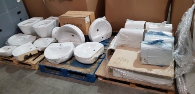 26 X PIECE MIXED PLUMBING LOT CONTAINING IDEAL STANDARD CORNER SINK / STANDARD SINKS / IDEAL STANDARD WC TOILET PANS / SOLLINI SANTORINI BOWLS / IDEAL STANDARD PEDESTALS / SOTTINI PEDESTALS ETC - ALL IN VARIOUS SIZE AND STYLES ( ON 3 PALLETS )