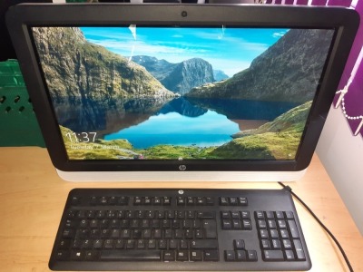 HP ALL IN ONE PC - BLACK - PROD: P1K28EA#ABU, S/N 4CH6048TLK WITH KEYBOARD - ITEM DATA WIPED AND WINDOWS 10 INSTALLED - FULLY WORKING - SEE IMAGE