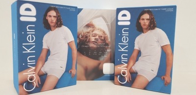 18 X BRAND NEW CALVIN KLEIN ID - PACK OF 2 WHITE CREW NECK SLIM FIT T-SHIRTS (COTTON) - ALL SIZE SMALL - RRP £28.00pp / £504 TOTAL - IN 1 CARTON