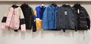 6 PIECE MIXED JACKET LOT TO INCLUDE PEACEBIRD BLUE & YELLOW ADVENTURE JACKET SIZE SMALL / AQUATITE BABY BLUE JACKET SIZE MEDIUM / AQUATITE CHARCOAL JACKET SIZE MEDIUM / EASY CHARCOAL JACKET SIZE MEDIUM AND AQUATITE KHAKI & BLACK JACKET SIZE MEDIUM ETC.