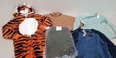 25 X BRAND NEW MIXED CLOTHING LOT TO INCLUDE DOROTHY PERKINS SKINNY ANKLE GRAZERS - VARIOUS THERAPY LONDON PYJAMA SETS - RIVER ISLAND TURTLE NECK PULL OVER - VARIOUS DUNNES PYJAMA SETS AND A TIGER ONESIE ETC - ALL IN VARIOUS SIZES