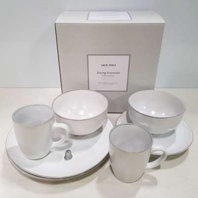 12 X BRAND NEW JACK WILLS BOXED DINING ESSENTIALS 8 PIECE CROCKERY SETS TO INCLUDE 2 X DINNER PLATES, 2 X SMALL PLATES, 2 X BOWLS AND 2 X MUGS IN 12 BOXES