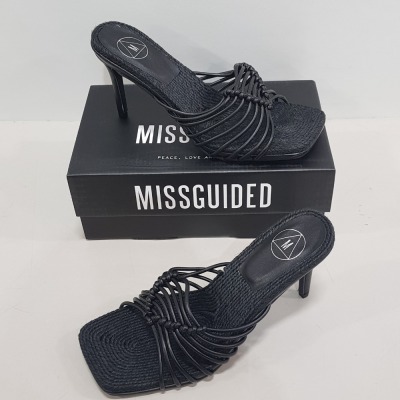 16 X BRAND NEW BOXED MISSGUIDED ROPE SOLE KNOTTED HEELED SANDALS - ALL IN BLACK - ALL IN ( SIZE UK 6 / EU 39 )