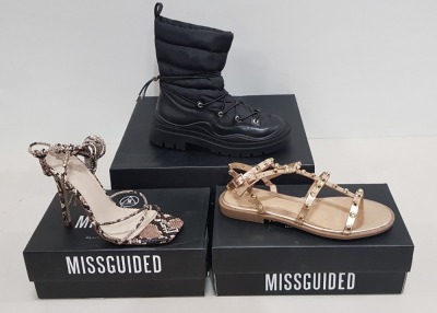 12 X BRAND NEW BOXED MIXED MISSGUIDED SHOE LOT TO INCLUDE RIDGED WELT ANKLE BOOTS ( SIZE UK 6 ) - QUILTED HIKING WAVE SOLE ANKLE BOOTS ( SIZE UK 3 ) - CHUNKY SOLE CROSS STRAP SANDALS ( SIZE UK 3 ) - DOME STUD GLADIATOR SANDALS ( SIZE UK 6 ) - HIGH SNAKE P