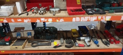 FULL SHELF TOOL LOT CONTAINING T-SLOT STEEL MACHINE METRIC CLAMPING SET / MAKITA ( 6261D) CORDLESS DRILL WITH 2 BATTERIES AND CHARGER / PARALLEL SETS / PNEUMATIC IMPACT GUN / BRALO HAND RIVET TOOL / HYDRAULIC GREASE GUN / PIPE CUTTER / ASSORTED DRILL BIT