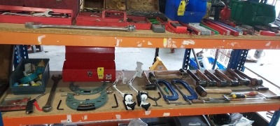 FULL SHELF TOOL LOT CONTAINING COPPER HEAD MALLETS / C CLAMPS / MICROMETERS / VARIOUS CIRCULAR HOLE DRILL BITS / TABLET I PAD HOLDERS / ALLEN KEYS / RED TOOL BOX ETC