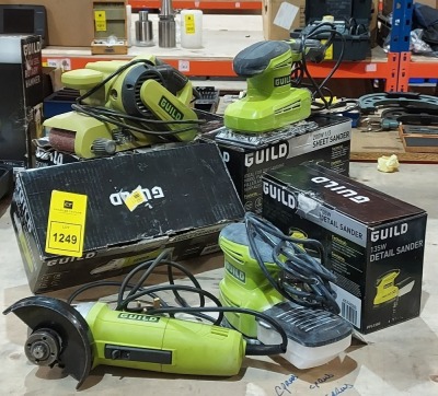 4 PIECE TOOL LOT TO INCLUDE GUILD 850W BELT SANDER / GUILD 200W - 1/3 SHEET SANDER / GUILD 750W ANGLE GRINDER - 115MM BLADE / GUILD 135 W DETAIL SANDER - PLEASE NOTE THESE ITEMS ARE CUSTOMER RETURNS BUT WORKING - NOT NEW