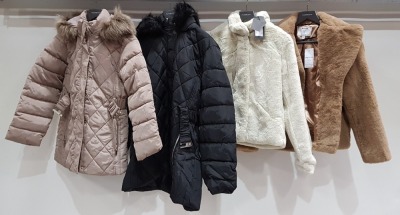 8 X BRAND NEW MIXED COAT LOT CONTAINING DOROTHY PERKINS FAUX FUR COAT- ONLY FAUX FUR JACKET - DOROTHY PERKINS BELTED PADDED PARKA COAT - BARNEYS REAL LEATHER JACKET IN VARIOUS SIZES